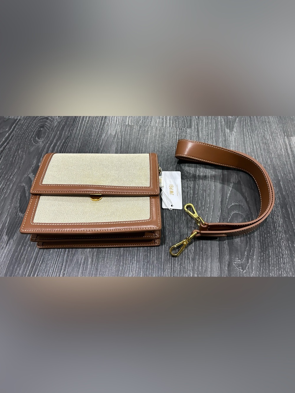 NWT JW PEI Canvas and Brown Vegan Leather Shoulder Bag with Gold Hardware